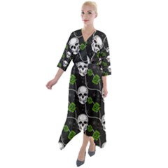 Green Roses And Skull - Romantic Halloween   Quarter Sleeve Wrap Front Maxi Dress by ConteMonfrey