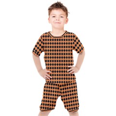 Halloween Black Orange Plaids Kids  Tee And Shorts Set by ConteMonfrey