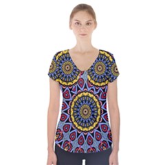 Kaleidoscope Mandala Colorful Short Sleeve Front Detail Top by Wegoenart