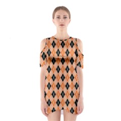 Halloween Inspired Black Orange Diagonal Plaids Shoulder Cutout One Piece Dress by ConteMonfrey