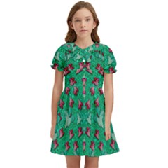 Beautiful Tropical Orchids Blooming Over Earth In Peace Kids  Bow Tie Puff Sleeve Dress by pepitasart