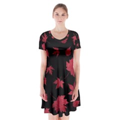 Red Autumn Leaves Autumn Forest Short Sleeve V-neck Flare Dress by Ravend