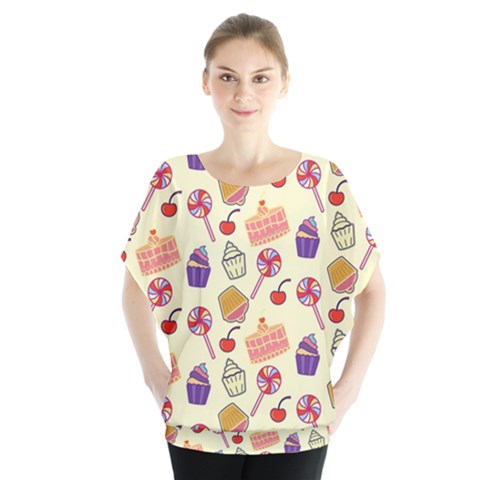 Cupcake Pattern Lollipop Batwing Chiffon Blouse by Ravend