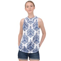 Blue And White Ornament Damask Vintage High Neck Satin Top by ConteMonfrey