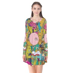 Cartoon Wallpapers Long Sleeve V-neck Flare Dress by Jancukart