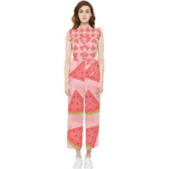 Background Watermelon Pattern Fruit Women s Frill Top Chiffon Jumpsuit by Wegoenart