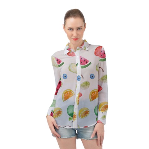 Fruit Summer Vitamin Watercolor Long Sleeve Chiffon Shirt by Wegoenart