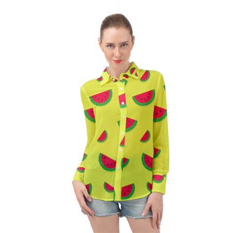 Watermelon Pattern Wallpaper Long Sleeve Chiffon Shirt by Wegoenart