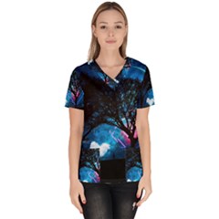 Tree Trees Surreal Universe Silhouette Women s V-neck Scrub Top by Wegoenart