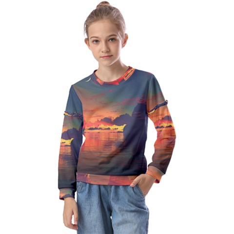 Digital Art Artwork Fantasy Landscape Sky Nature Kids  Long Sleeve Tee With Frill  by danenraven