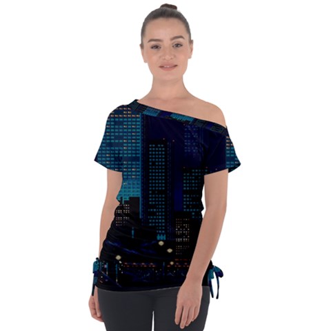 City Building Pixel Art Vaporwave Off Shoulder Tie-up Tee by danenraven