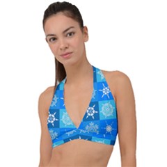 Xmas Christmas Pattern Snow Background Blue Decoration Halter Plunge Bikini Top by danenraven