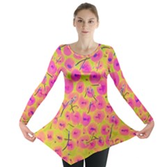 Cherries Fruit Food Neon Texture Fluorescent Long Sleeve Tunic  by Wegoenart