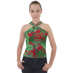 Leaves Pattern Red Green Nature Cross Neck Velour Top by Wegoenart