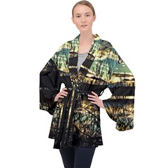 Forest Sunset Dusk Reflection Long Sleeve Velvet Kimono  by Wegoenart