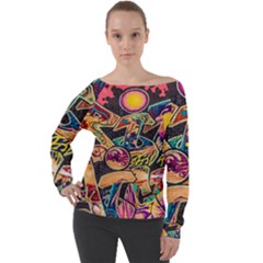 Doodle Wallpaper Texture Grafiti Multi Colored Art Off Shoulder Long Sleeve Velour Top by danenraven