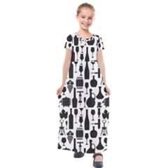 Wine Pattern Black White Kids  Short Sleeve Maxi Dress by Jancukart