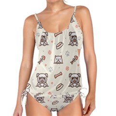 Pug-dog-cat-with-bone-fish-bones-paw-prints-ball-seamless-pattern-vector-background Tankini Set by Jancukart