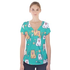 Seamless-pattern-cute-cat-cartoon-with-hand-drawn-style Short Sleeve Front Detail Top by Jancukart