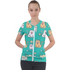 Seamless-pattern-cute-cat-cartoon-with-hand-drawn-style Short Sleeve Zip Up Jacket by Jancukart