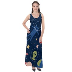 Seamless Pattern With Funny Alien Cat Galaxy Sleeveless Velour Maxi Dress by Wegoenart