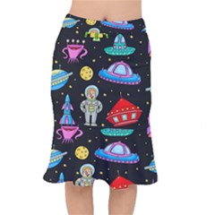 Seamless Pattern With Space Object Ufo Rocket Alien Hand Drawn Element Space Short Mermaid Skirt by Wegoenart