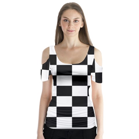 Chess Board Background Design Butterfly Sleeve Cutout Tee  by Wegoenart
