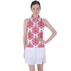 White And Red Ornament Damask Vintage Women s Sleeveless Polo Tee by ConteMonfrey