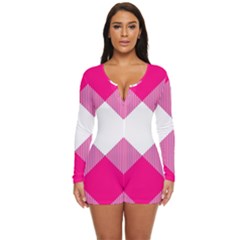 Pink And White Diagonal Plaids Long Sleeve Boyleg Swimsuit by ConteMonfrey