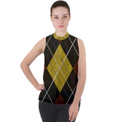 Modern Yellow Golden Plaid Mock Neck Chiffon Sleeveless Top by ConteMonfrey