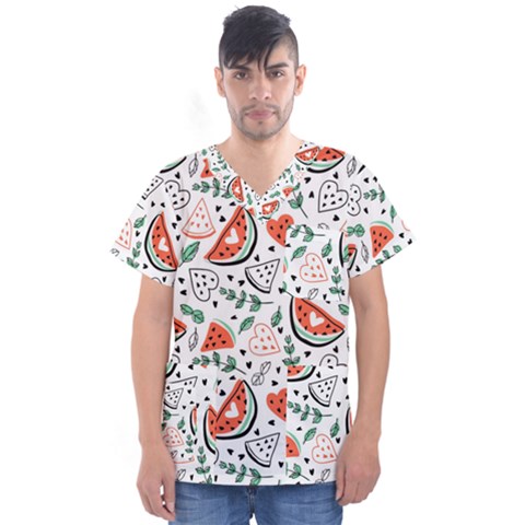 Seamless-vector-pattern-with-watermelons-mint Men s V-neck Scrub Top by Wegoenart