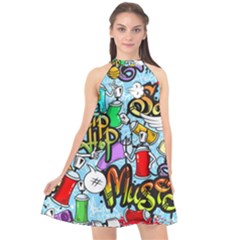 Graffiti Characters Seamless Patterns Halter Neckline Chiffon Dress  by Wegoenart