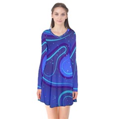 Wavy Abstract Blue Long Sleeve V-neck Flare Dress by Ravend