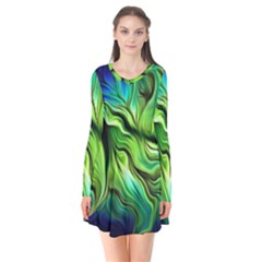 Fractal Art Pattern Abstract Long Sleeve V-neck Flare Dress by Ravend