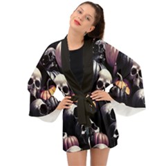 Halloween Party Skulls, Demonic Pumpkins Pattern Long Sleeve Kimono by Casemiro