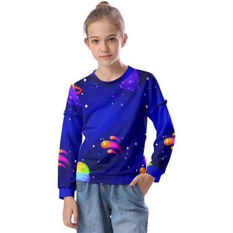 Artistic Space Planet Kids  Long Sleeve Tee With Frill  by danenraven