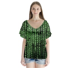 Matrix Technology Tech Data Digital Network V-neck Flutter Sleeve Top by Wegoenart