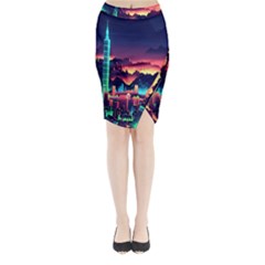 Cityscape Building Painting 3d City Illustration Midi Wrap Pencil Skirt by danenraven