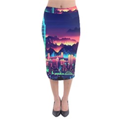 Cityscape Building Painting 3d City Illustration Velvet Midi Pencil Skirt by danenraven