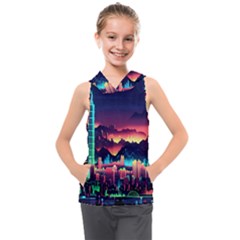 Cityscape Building Painting 3d City Illustration Kids  Sleeveless Hoodie by danenraven