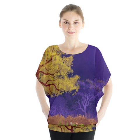 Landscape Illustration Night Light Batwing Chiffon Blouse by Wegoenart