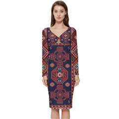 Armenian Old Carpet  Long Sleeve V-neck Bodycon Dress  by Gohar