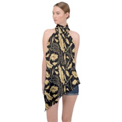 Natura Premium Golden Leaves Halter Asymmetric Satin Top by ConteMonfrey