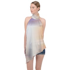 Gradient Purple, Orange, Blue Halter Asymmetric Satin Top by ConteMonfrey