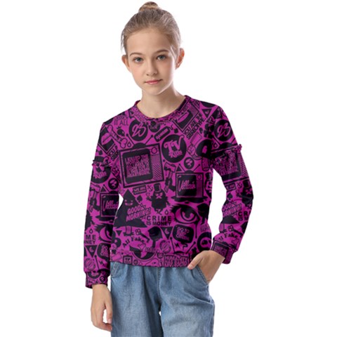 Pink And Black Logo Illustration Kids  Long Sleeve Tee With Frill  by danenraven