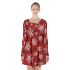 Snowflakes And Star Patternsred Snow Long Sleeve Velvet V-neck Dress by artworkshop