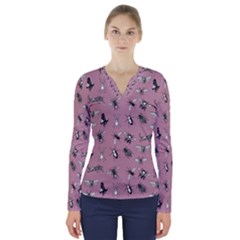 Insects Pattern V-neck Long Sleeve Top by Valentinaart