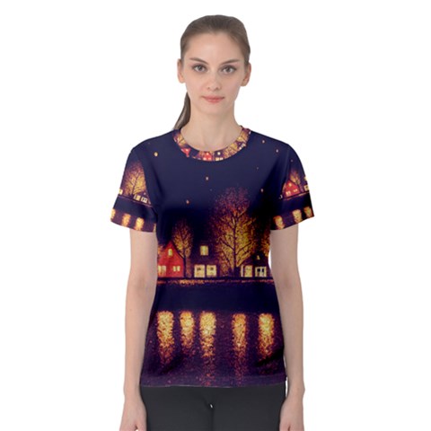 Night Houses River Bokeh Leaves Fall Autumn Women s Sport Mesh Tee by danenraven