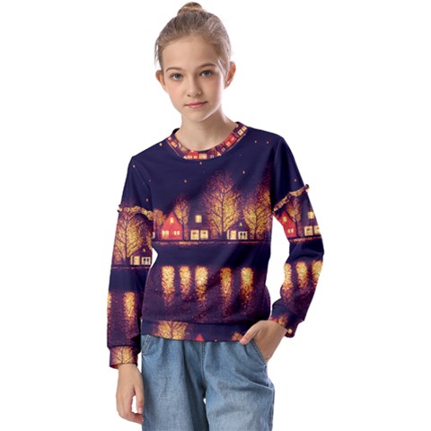 Night Houses River Bokeh Leaves Fall Autumn Kids  Long Sleeve Tee With Frill  by danenraven