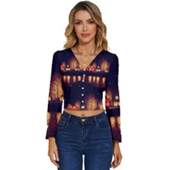 Night Houses River Bokeh Leaves Fall Autumn Long Sleeve V-neck Top by danenraven